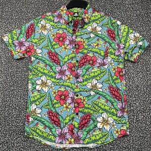 Neff Men Medium Blue Tropical Floral Print Short Sleeve Button Up Shirt M